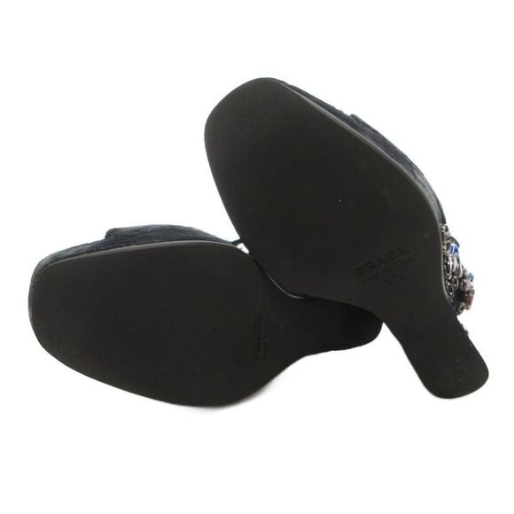 Prada Velor Wedge Sole Sandals High Heel Platform Bijou Strap 37.5 Black GV • - Picture 6 of 9